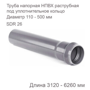 Труба напорная НПВХ раструбная под уплотнительное кольцо SDR 26 PN10 Рабочее давление MOP 1,0 МПа